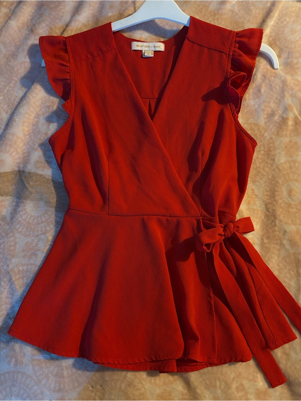 Monteau Red Wrap Peplum Tie Blouse